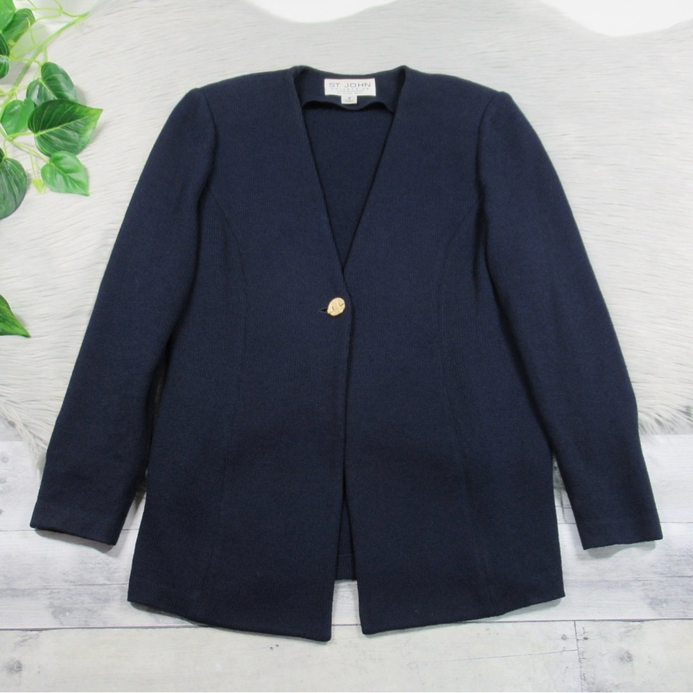 ST. JOHN Collarless Santana Knit Single Button Jacket Blazer Women's Size 2